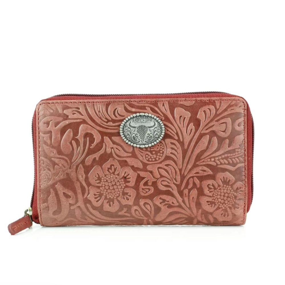Long Horn Red Embossed Floral Zip Wallet